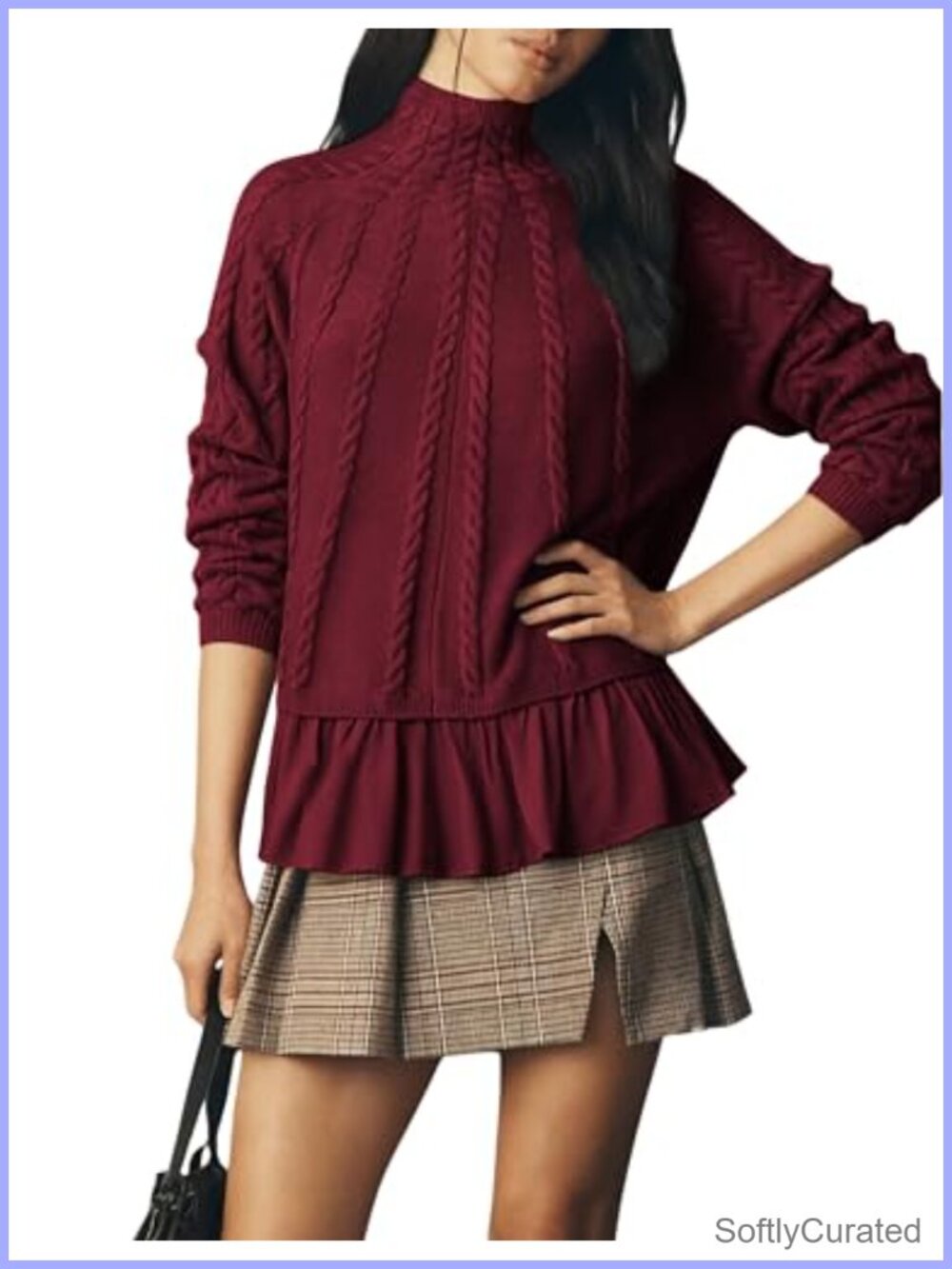 Womens Oversized Turtleneck Sweater Cable Knit Ruffle Hem Pullover